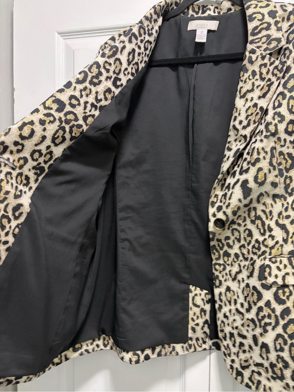 Chico's Leopard Print Blazer Jacket Cream Black Gold Metallic 2 Large - Picture 8 of 12